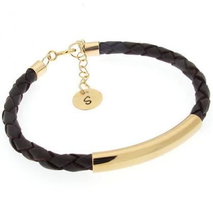 Gold Leather Bracelet - Initial Charm Bracelet -..