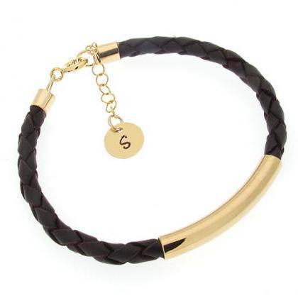 Gold Leather Bracelet - Initial Charm Bracelet -..