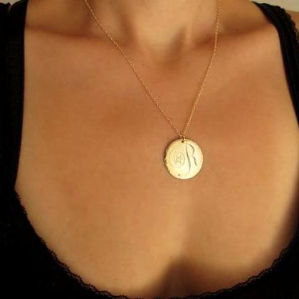 Large Gold Disc Pendant With Initial - Engraved..