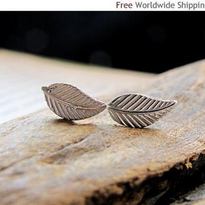 Leaf Earrings - Sterling Silver Leaf Studs -..