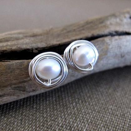 Handmade Pearl Stud Earrings - Pear..