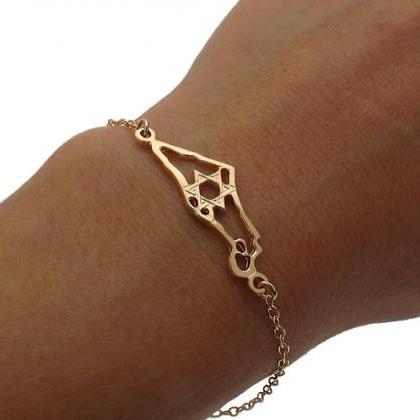 Jewish Bracelet - Gold Israel Map Bracelet - Star..
