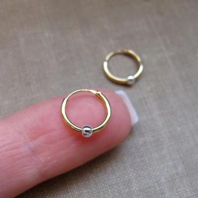 Endless Earrings - Small Gold Hoop Earrings with silver bead - earrings for Cartilage, Tragus, Seamless, Catchless,