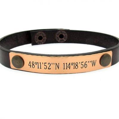 Custom Latitude Longitude Bracelet for Him - Mens Gift - Mens Jewelry - Personalized Mens Bracelet - GPS Coordinates Leather Cuff