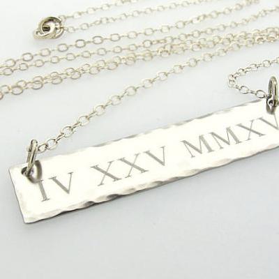 Personalized Roman Numeral Necklace - Custom Sterling Silver Bar Pendant - Rectangle Bar Necklace for Her