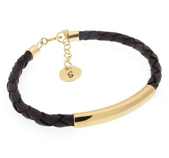 Gold Leather Bracelet - Initial Charm Bracelet - Leather Cuff Bracelet - Custom Bracelet - Personalized Bracelet