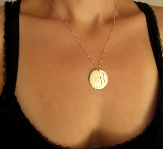 Large Gold Disc Pendant With Initial - Engraved Necklace - Romantic Jewelry - Gold Filled Necklace