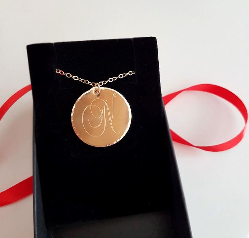 Large Gold Disc Pendant With Initial - Engraved Necklace - Romantic