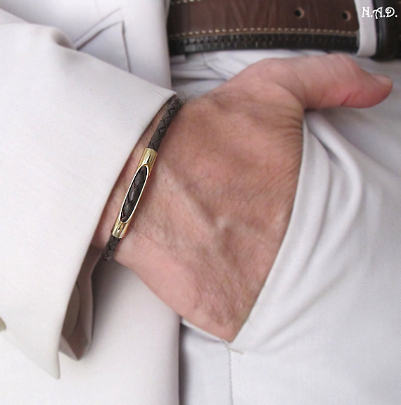 Leather Bracelet for Men - Elegrant Men's Bracelet - Braided Leather bracelet with Gold Tube