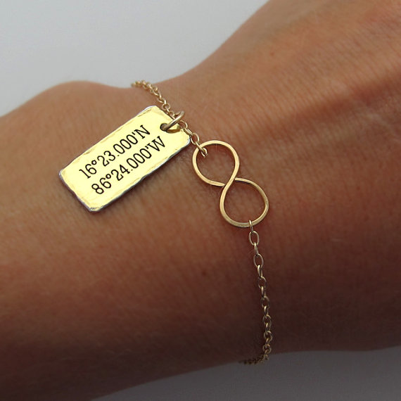Infinity Bracelet - Latitude Longitud Charm Bracelet - Gold Filled Bracelet with Custom Tag