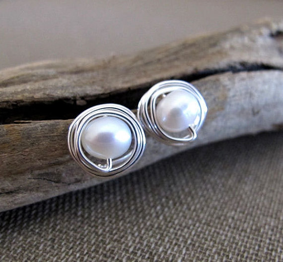 Handmade Pearl Stud Earrings - Pearls Studs - Minimalist Pearl Stud Post Earrings
