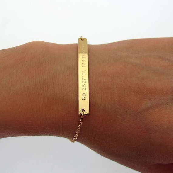 Latitude Longitude Bracelet - Gold Filled Chain Bracelet - Bar Engraved Gold Bracelet - Gift For Her