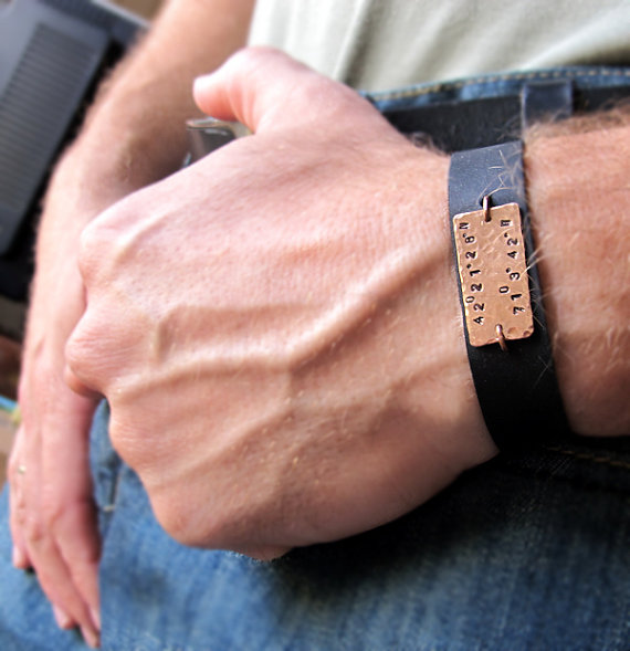 Latitude Longitude Leather Bracelet for Men - Mens Gift - Personalized Mens Bracelet - GPS Coordinates Cuff