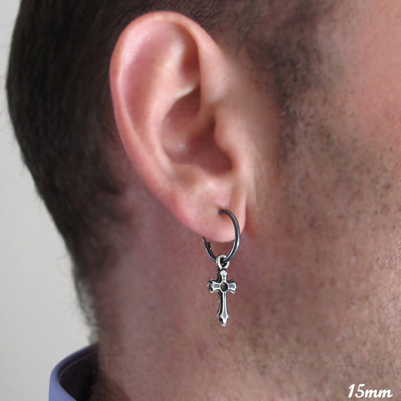Cross Earring for Men - Black Sterling Silver Hoops for Him - Mens Earrings - Mens Jewelry