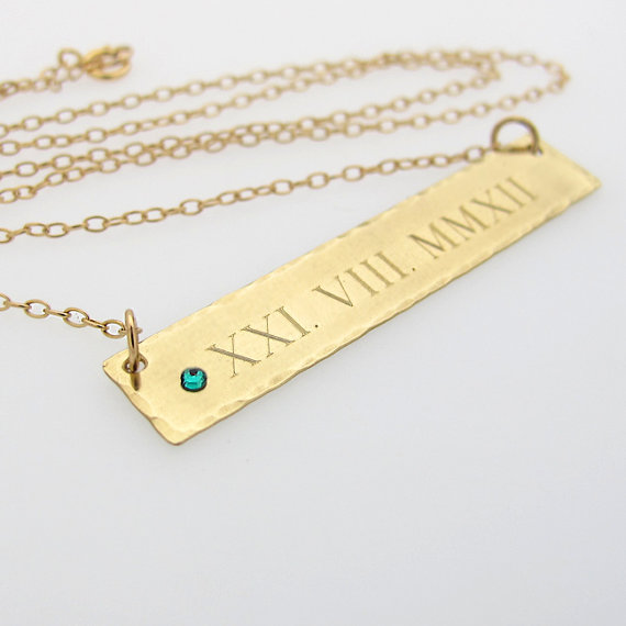 Anniversary Necklace - Roma Numeral Engraved Bar Necklace - Gold Filled Bar Necklace with Birthstone